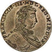 Italy Lira Francesco III d'Este. Modena 1738 C# 9 FRANCISCUS III MUT REG MIR DUX coin obverse Italy Lira Francesco III d'Este. Modena 1738 C# 9 FRANCISCUS III MUT REG MIR DUX coin obverse