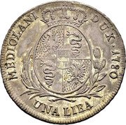 Italy Lira Maria Theresa 1780 Issue of this type dated 1778 is considered to be a trial strike. KM# 202 MEDIOLANI DUX DATE UNA LIRA coin reverse Italy Lira Maria Theresa 1780 Issue of this type dated 1778 is considered to be a trial strike. KM# 202 MEDIOLANI DUX DATE UNA LIRA coin reverse