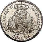 Italy Lira Joseph II. Milan 1781 LB KM# 208 MEDIOLANIET MANT DUX 1781 UNA LIRA L B coin reverse Italy Lira Joseph II. Milan 1781 LB KM# 208 MEDIOLANIET MANT DUX 1781 UNA LIRA L B coin reverse
