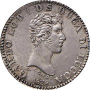 Italy Lira Carlo II 1838 C# 40 CARLO LO D.I.S.DUCA DI LUCCA C. LANDIE F. 1834 coin obverse Italy Lira Carlo II 1838 C# 40 CARLO LO D.I.S.DUCA DI LUCCA C. LANDIE F. 1834 coin obverse
