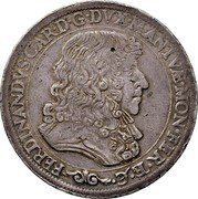 Italy Scudo Ferdinando Carlo Gonzaga 1676 KM# 228 FERDINANDVS CAR D G DVX MANTVÆ MON FER ET C coin obverse Italy Scudo Ferdinando Carlo Gonzaga 1676 KM# 228 FERDINANDVS CAR D G DVX MANTVÆ MON FER ET C coin obverse