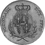 Italy Scudo Maria Theresa 1778 KM# 192 MEDIOLANI DUX 1780 coin reverse Italy Scudo Maria Theresa 1778 KM# 192 MEDIOLANI DUX 1780 coin reverse