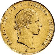 Italy Sovrano Franz Joseph I 1855 M C# 41.1 FRANC IOS I D G AVSTRIAE IMPERATOR M coin obverse Italy Sovrano Franz Joseph I 1855 M C# 41.1 FRANC IOS I D G AVSTRIAE IMPERATOR M coin obverse