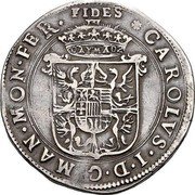 Italy Tallero Carlo I 1633 KM# 150 FIDES CAROLVS I D G MAN MON FER coin obverse Italy Tallero Carlo I 1633 KM# 150 FIDES CAROLVS I D G MAN MON FER coin obverse