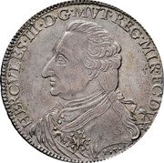 Italy Tallero Hercules III 1796 C# 1394 HERCVLES III D G MVT REG MIR DVX coin obverse Italy Tallero Hercules III 1796 C# 1394 HERCVLES III D G MVT REG MIR DVX coin obverse