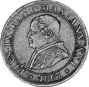 Italy 1/2 Soldo (2-1/2 Centesimi) Pius IX 1867 R XXI KM# 1371 PIVS IX PONT MAX AN XXII 1867 coin obverse Italy 1/2 Soldo (2-1/2 Centesimi) Pius IX 1867 R XXI KM# 1371 PIVS IX PONT MAX AN XXII 1867 coin obverse