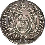 Italy 10 Bolognini (Bianca) Pius VI 1781 KM# 296 PIVS VI P M 1781 10 coin obverse Italy 10 Bolognini (Bianca) Pius VI 1781 KM# 296 PIVS VI P M 1781 10 coin obverse