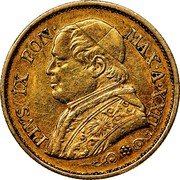 Italy 10 Lire Pio IX 1867 R XXII KM# 1381.2 PIVS IX PON MAX A XXII coin obverse Italy 10 Lire Pio IX 1867 R XXII KM# 1381.2 PIVS IX PON MAX A XXII coin obverse