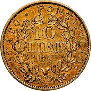 Italy 10 Lire Pio IX 1867 R XXII KM# 1381.2 STATO PONTIFICIO 10 LIRE 1867 coin reverse Italy 10 Lire Pio IX 1867 R XXII KM# 1381.2 STATO PONTIFICIO 10 LIRE 1867 coin reverse