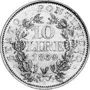 Italy 10 Lire Pius IX 1869 R XXIV KM# 1381.3 STATO PONTIFICIO 10 LIRE 1869 coin reverse Italy 10 Lire Pius IX 1869 R XXIV KM# 1381.3 STATO PONTIFICIO 10 LIRE 1869 coin reverse