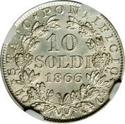 Italy 10 Soldo (50 Centesimi) Pius IX 1866 R XXI KM# 1376 STATO PONTIFICIO 10 SOLDI 1867 50 CMI R coin reverse Italy 10 Soldo (50 Centesimi) Pius IX 1866 R XXI KM# 1376 STATO PONTIFICIO 10 SOLDI 1867 50 CMI R coin reverse
