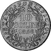 Italy 10 Soldo (50 Centesimi) Pius IX 1868 R XXIII KM# 1386.2 STATO PONTIFICIO 10 SOLDI 50 R C MI coin reverse Italy 10 Soldo (50 Centesimi) Pius IX 1868 R XXIII KM# 1386.2 STATO PONTIFICIO 10 SOLDI 50 R C MI coin reverse