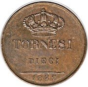Italy 10 Tornesi Ferdinando II 1839 KM# 331 TORNESI DIECI 1839 coin reverse Italy 10 Tornesi Ferdinando II 1839 KM# 331 TORNESI DIECI 1839 coin reverse