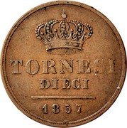 Italy 10 Tornesi Ferdinando II 3rd portrait 1857 KM# 369 TORNESI DIECI 1857 coin reverse Italy 10 Tornesi Ferdinando II 3rd portrait 1857 KM# 369 TORNESI DIECI 1857 coin reverse