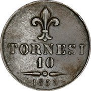 Italy 10 Tornesi Francesco II 1859 LA KM# 378 TORNESI 10 1859 coin reverse Italy 10 Tornesi Francesco II 1859 LA KM# 378 TORNESI 10 1859 coin reverse