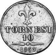 Italy 10 Tornesi Francesco II 1859 LA KM# 377 TORNESI 10 1859 coin reverse Italy 10 Tornesi Francesco II 1859 LA KM# 377 TORNESI 10 1859 coin reverse