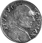 Italy 12 Bolognini (Bianca) Pius VI 1795 KM# 329 PIVS VI PON MAX coin obverse Italy 12 Bolognini (Bianca) Pius VI 1795 KM# 329 PIVS VI PON MAX coin obverse