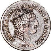 Italy 120 Grana Ferdinando I 1st type 1818 KM# 281 FERD I D G REGNI SICILIARVM ET HIER.REX 1818 coin obverse Italy 120 Grana Ferdinando I 1st type 1818 KM# 281 FERD I D G REGNI SICILIARVM ET HIER.REX 1818 coin obverse