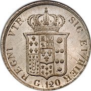 Italy 120 Grana Ferdinando II 1834 KM# 309 REGNI VTR SIC ET HIER G 120 coin reverse Italy 120 Grana Ferdinando II 1834 KM# 309 REGNI VTR SIC ET HIER G 120 coin reverse