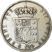 Italy 120 Grana Ferdinando II 3rd portrait 1841 KM# 346 REGNI VTR. SIC. ET HIER. G . 120 coin reverse Italy 120 Grana Ferdinando II 3rd portrait 1841 KM# 346 REGNI VTR. SIC. ET HIER. G . 120 coin reverse