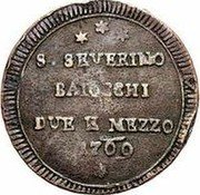 Italy 2-1/2 Baiocchi Pius VI 1769 KM# 4 S SEVERINO BAIOCCHI DUE ET MEZZO 1769 coin obverse Italy 2-1/2 Baiocchi Pius VI 1769 KM# 4 S SEVERINO BAIOCCHI DUE ET MEZZO 1769 coin obverse