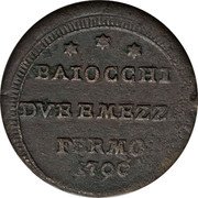 Italy 2-1/2 Baiocchi Pius VI 1796 KM# 2.1 BAIOCCHI DVE EMMEZO FERMO 1796 coin obverse Italy 2-1/2 Baiocchi Pius VI 1796 KM# 2.1 BAIOCCHI DVE EMMEZO FERMO 1796 coin obverse