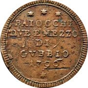 Italy 2-1/2 Baiocchi Pius VI 1796 KM# 177 BAIOCCHI DVE EMEZZO DI GVBBIO 1796 coin obverse Italy 2-1/2 Baiocchi Pius VI 1796 KM# 177 BAIOCCHI DVE EMEZZO DI GVBBIO 1796 coin obverse