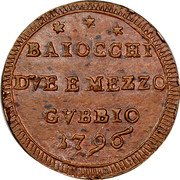Italy 2-1/2 Baiocchi Pius VI 1796 KM# 176 BAIOCCHI DVE E MEZZO GVBBIO 1796 coin obverse Italy 2-1/2 Baiocchi Pius VI 1796 KM# 176 BAIOCCHI DVE E MEZZO GVBBIO 1796 coin obverse
