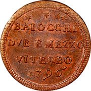 Italy 2-1/2 Baiocchi Pius VI Large bust 1796 KM# 2 BAIOCCHI DVE E MEZZO VITERBO 1796 coin obverse Italy 2-1/2 Baiocchi Pius VI Large bust 1796 KM# 2 BAIOCCHI DVE E MEZZO VITERBO 1796 coin obverse