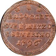 Italy 2-1/2 Baiocchi Pius VI 1796 KM# 3 BAIOCCHI DVE ET MEZZO S SEVERINO 1796 coin obverse Italy 2-1/2 Baiocchi Pius VI 1796 KM# 3 BAIOCCHI DVE ET MEZZO S SEVERINO 1796 coin obverse