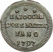 Italy 2-1/2 Baiocchi Pius VI 1797 KM# 1 BAIOCCHI DVE ET MEZZO FANO 1797 coin obverse Italy 2-1/2 Baiocchi Pius VI 1797 KM# 1 BAIOCCHI DVE ET MEZZO FANO 1797 coin obverse