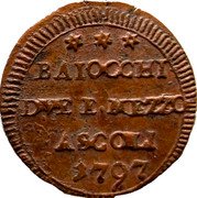 Italy 2-1/2 Baiocchi Pius VI 1797 KM# 4 BAIOCCHI DVE ET MEZZO ASCOLI 1797 coin obverse Italy 2-1/2 Baiocchi Pius VI 1797 KM# 4 BAIOCCHI DVE ET MEZZO ASCOLI 1797 coin obverse