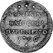 Italy 2-1/2 Baiocchi St. Peter. San Severino 1797 KM# 5 S SEVERINO BAIOCCHI DVE E MEZZO 1796 coin obverse Italy 2-1/2 Baiocchi St. Peter. San Severino 1797 KM# 5 S SEVERINO BAIOCCHI DVE E MEZZO 1796 coin obverse