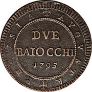 Italy 2 Baiocchi Pius VI 1795 XXI KM# 2 PERVSIA AVGVSTA DVE BAIOCCHI 1795 coin reverse Italy 2 Baiocchi Pius VI 1795 XXI KM# 2 PERVSIA AVGVSTA DVE BAIOCCHI 1795 coin reverse