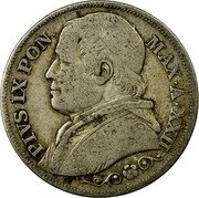 Italy 2 Lire Pius IX 1867 R XXII KM# 1379.2 PIVS IX PON MAX A XXII coin obverse Italy 2 Lire Pius IX 1867 R XXII KM# 1379.2 PIVS IX PON MAX A XXII coin obverse
