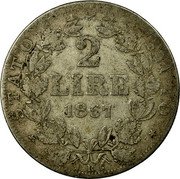 Italy 2 Lire Pius IX 1867 R XXII KM# 1379.2 STATO PONTIFICIO 2 LIRE 1867 R coin reverse Italy 2 Lire Pius IX 1867 R XXII KM# 1379.2 STATO PONTIFICIO 2 LIRE 1867 R coin reverse