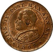 Italy 2 Soldo (10 Centesimi) Pius IX 1867 R XXI KM# 1373 PIVS IX PONT MAX ANN XXI 1867 coin obverse Italy 2 Soldo (10 Centesimi) Pius IX 1867 R XXI KM# 1373 PIVS IX PONT MAX ANN XXI 1867 coin obverse