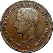 Italy 2 Tornese Francesco II 1859 KM# 375 FRANCISCVS II. D. G. REGNI VTR. SIC. ET HIER. REX. coin obverse Italy 2 Tornese Francesco II 1859 KM# 375 FRANCISCVS II. D. G. REGNI VTR. SIC. ET HIER. REX. coin obverse