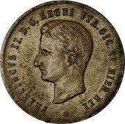 Italy 2 Tornesi Ferdinando II 1859 KM# 374 FERDINANDVS II.D.G.REGNI VTR.SIC.ET HIER.REX coin obverse Italy 2 Tornesi Ferdinando II 1859 KM# 374 FERDINANDVS II.D.G.REGNI VTR.SIC.ET HIER.REX coin obverse