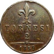 Italy 2 Tornese Francesco II 1859 KM# 375 TORNESI 2 1859 coin reverse Italy 2 Tornese Francesco II 1859 KM# 375 TORNESI 2 1859 coin reverse