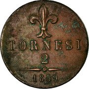 Italy 2 Tornesi Ferdinando II 1859 KM# 374 TORNESI DUE 1858 coin reverse Italy 2 Tornesi Ferdinando II 1859 KM# 374 TORNESI DUE 1858 coin reverse