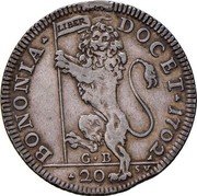 Italy 20 Bolognini Clement XI 1702 KM# 137 BONONIA DOCET 1702 G B 20 coin reverse Italy 20 Bolognini Clement XI 1702 KM# 137 BONONIA DOCET 1702 G B 20 coin reverse