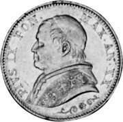Italy 20 Lire Pius IX 1866 R XX KM# 1382.2 PIVS IX PON MAX AN XX coin obverse Italy 20 Lire Pius IX 1866 R XX KM# 1382.2 PIVS IX PON MAX AN XX coin obverse
