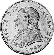 Italy 20 Lire Pius IX 1866 R XX KM# 1382.1 PIVS IX PON MAX AN XXI coin obverse Italy 20 Lire Pius IX 1866 R XX KM# 1382.1 PIVS IX PON MAX AN XXI coin obverse