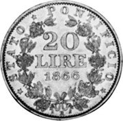 Italy 20 Lire Pius IX 1866 R XX KM# 1382.2 STATO PONTIFICIO 20 LIRE 1866 coin reverse Italy 20 Lire Pius IX 1866 R XX KM# 1382.2 STATO PONTIFICIO 20 LIRE 1866 coin reverse