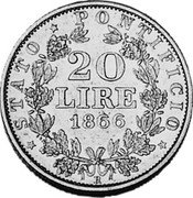 Italy 20 Lire Pius IX 1866 R XX KM# 1382.1 STATO PONTIFICIO 20 LIRE 1866 coin reverse Italy 20 Lire Pius IX 1866 R XX KM# 1382.1 STATO PONTIFICIO 20 LIRE 1866 coin reverse