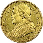 Italy 20 Lira Pio IX 1867 R XXII KM# 1382.3 PIVS IX PON MAX A XXII coin obverse Italy 20 Lira Pio IX 1867 R XXII KM# 1382.3 PIVS IX PON MAX A XXII coin obverse