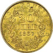 Italy 20 Lira Pio IX 1867 R XXII KM# 1382.3 STATO PONTIFICIO 20 LIRE 1867 coin reverse Italy 20 Lira Pio IX 1867 R XXII KM# 1382.3 STATO PONTIFICIO 20 LIRE 1867 coin reverse