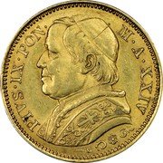 Italy 20 Lire Pius IX 1869 R XXIV KM# 1382.4 PIVS IX PON III A XXIV coin obverse Italy 20 Lire Pius IX 1869 R XXIV KM# 1382.4 PIVS IX PON III A XXIV coin obverse
