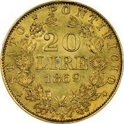 Italy 20 Lire Pius IX 1869 R XXIV KM# 1382.4 STATO PONTIFICIO 20 LIRE 1869 coin reverse Italy 20 Lire Pius IX 1869 R XXIV KM# 1382.4 STATO PONTIFICIO 20 LIRE 1869 coin reverse